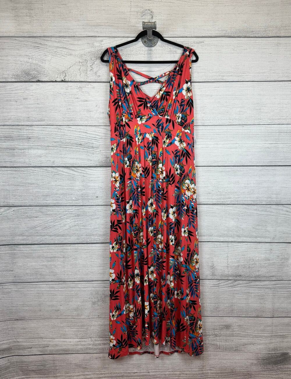 Loveappella Plus Size Coral Floral Tropical Vacation Sleeveless Maxi Dress 3X